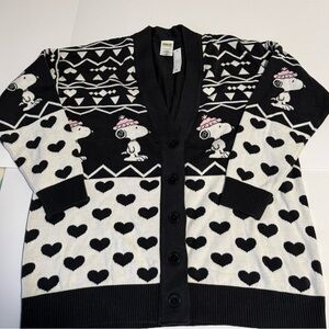 Black & White & Pink Snoopy Patterned Cardigan Sweater with Hearts New Cozy